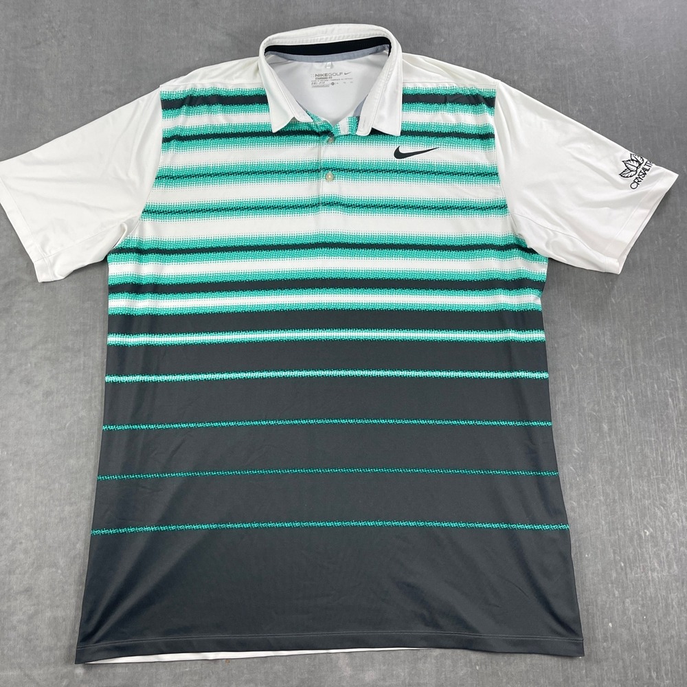 Nike Mens X-Large White Striped Golf Polo Dri-FIT Short Sleeve Shirt